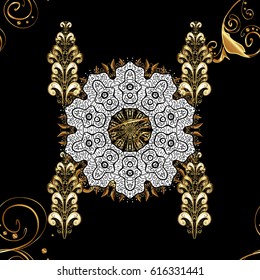 Golden elements with doodles. Black snowflakes and dots on black background. Vector abstract design in black colors.