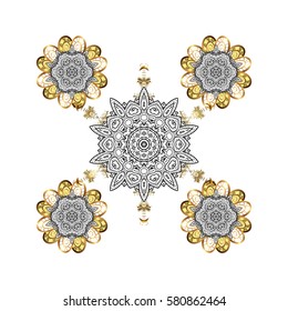 Golden elements with doodles, hand painted pattern. Vector with abstract hand drawn white snowflakes design on a white background.