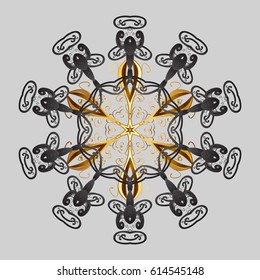 Golden elements with doodles, hand painted pattern. Vector with abstract hand drawn snowflakes design on a gray background.