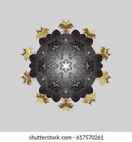 Golden elements with doodles, hand painted pattern. Vector with abstract hand drawn snowflakes design on a gray background.