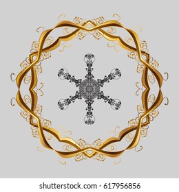 Golden elements with doodles, hand painted pattern. Vector with abstract hand drawn snowflakes design on a gray background.