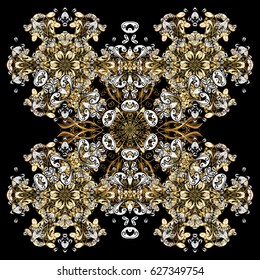 Golden elements with doodles, hand painted pattern. Vector with abstract hand drawn black snowflakes design on a white background.