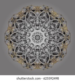 Golden elements with doodles. Snowflakes and dots on gray background. Vector abstract design in colors.