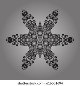 Golden elements with doodles. Stock vector illustration falling snow. Snowflakes, snowfall in colors on a gray background.