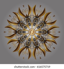 Golden elements with doodles. Stock vector illustration falling snow. Snowflakes, snowfall in colors on a gray background.