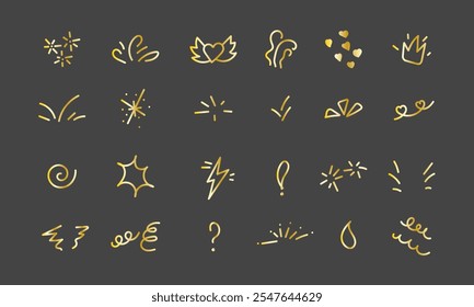 Golden elements for holiday. Hand drawn firework, cartoon fun signs. Vector illustration on black background
