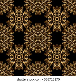 Golden elements isolated on black background. Luxury, royal and Victorian concept. Ornate vector decoration. Vintage baroque floral seamless pattern in gold over black.