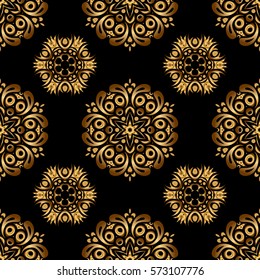 Golden elements isolated on black background. Vintage baroque floral seamless pattern in gold over black. Luxury, royal and Victorian concept. Ornate vector decoration.