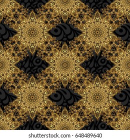 Golden elements isolated on black background. Vintage baroque floral seamless pattern in gold over black. Luxury, royal and Victorian concept. Ornate vector decoration.