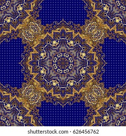 Golden elements isolated on blue background. Ornate vector decoration. Vintage baroque floral seamless pattern in gold over blue. Luxury, royal and Victorian concept.