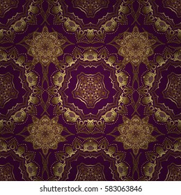 Golden elements isolated on purple background. Vintage baroque floral seamless pattern in gold over purple. Luxury, royal and Victorian concept. Ornate vector decoration.