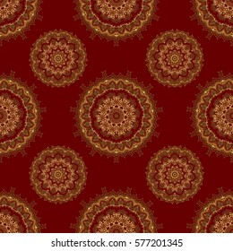 Golden elements isolated on red background. Luxury, royal and Victorian concept. Ornate vector decoration. Vintage baroque floral seamless pattern in gold over red.