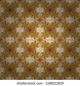 Golden elements on beige, brown and yellow colors. Seamless oriental ornament in the style of baroque. Traditional classic vector golden seamless pattern.