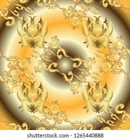 Golden elements on beige and yellow colors. Seamless vector background. Wallpaper baroque, damask. Floral pattern. Stylish graphic pattern.