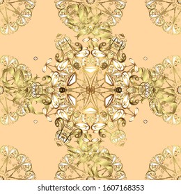 Golden elements on beige and yellow colors. Floral pattern. Seamless vector background. Stylish graphic pattern. Wallpaper baroque, damask.