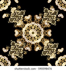 Golden elements on black background. Seamless oriental ornament in the style of baroque. Traditional classic vector golden seamless pattern.