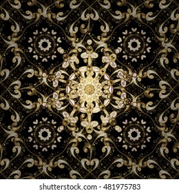 Golden elements on black, brown and gray colors. Traditional classic vector golden seamless pattern. Seamless oriental ornament in the style of baroque.