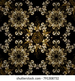 Golden elements on black colors. Seamless oriental ornament in the style of baroque. Traditional classic vector golden seamless pattern.