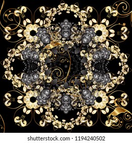 Golden elements on black, gray and beige colors. Seamless vector background. Floral pattern. Stylish graphic pattern. Wallpaper baroque, damask.