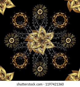 Golden elements on black, gray and brown colors. Floral pattern. Stylish graphic pattern. Seamless vector background. Wallpaper baroque, damask.