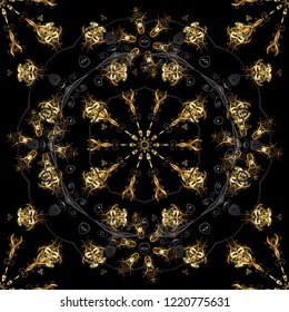 Golden elements on black, gray and brown colors. Seamless oriental ornament in the style of baroque. Traditional classic vector golden seamless pattern.