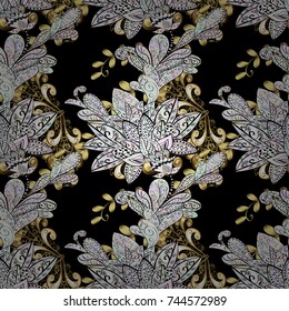Golden elements on black, neutral and gray colors. Seamless vector background. Stylish graphic pattern. Wallpaper baroque, damask. Floral pattern.