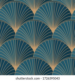 Golden elements on blue background seamless pattern. Art deco style. Vector illustration. 