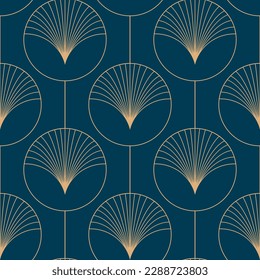 Golden elements on blue background seamless pattern. Art deco style. Vector illustration. 