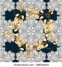 Golden elements on blue background. Floral pattern. Stylish graphic pattern. Seamless vector background. Wallpaper baroque, damask.