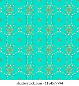 Golden elements on blue, neutral and beige colors. Seamless oriental ornament in the style of baroque. Traditional classic vector golden seamless pattern.