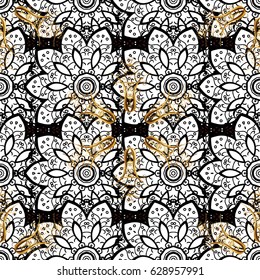Golden elements on brown background. Vector background. Wallpaper baroque, damask. Floral pattern. Stylish graphic pattern.