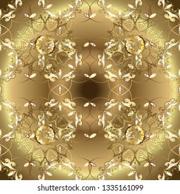 Golden elements on brown and beige colors. Seamless oriental ornament in the style of baroque. Traditional classic vector golden seamless pattern.