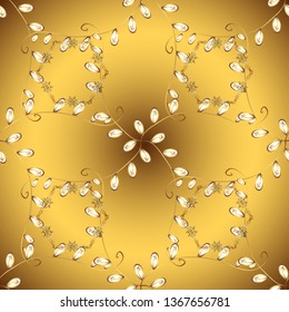 Golden elements on brown and yellow colors. Seamless oriental ornament in the style of baroque. Traditional classic vector golden seamless pattern.