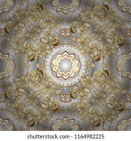 Golden elements on gray, neutral and beige colors. Stylish graphic pattern. Floral pattern. Wallpaper baroque, damask. Ornamental vector background.