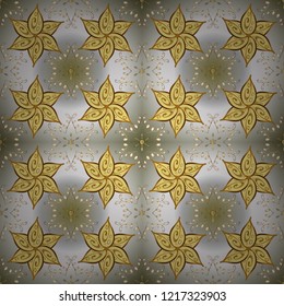 Golden elements on gray, neutral and yellow colors. Wallpaper baroque, damask. Floral pattern. Ornamenta vector background. Stylish graphic pattern.