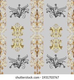 Goldene Elemente auf Grau, neutral und beige. Nahtlose orientalische Ornamente im Barockstil. Traditionelles klassisches Vektor-Golden nahtloses Muster.
