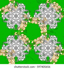 Golden elements on green background. Stylish graphic pattern. Floral pattern. Wallpaper baroque, damask. Vector background.