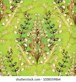 Golden elements on green, yellow and brown colors. Seamless oriental ornament in the style of baroque. Traditional classic vector golden seamless pattern.
