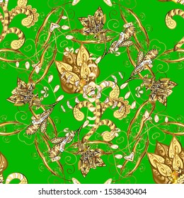 Golden elements on green and yellow colors. Traditional classic vector golden seamless pattern. Seamless oriental ornament in the style of baroque.