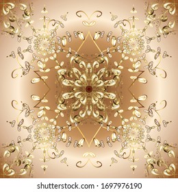 Golden elements on neutral, brown and beige colors. Sketch vector background. Floral pattern. Stylish graphic pattern. Wallpaper baroque, damask.