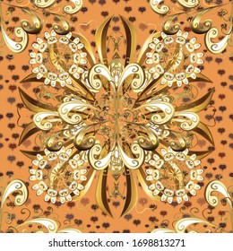 Elementos dorados de colores naranja y marrón. Fondo vectorial transparente. Diseño gráfico. Papel de pared barroco, damasco. Patrón floral.