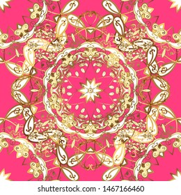 Golden elements on pink and white colors. Wallpaper baroque, damask. Seamless vector background. Floral pattern. Stylish graphic pattern.