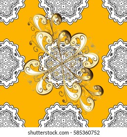Golden elements on yellow background. Stylish graphic pattern. Seamless vector background. Floral pattern. Wallpaper baroque, damask.