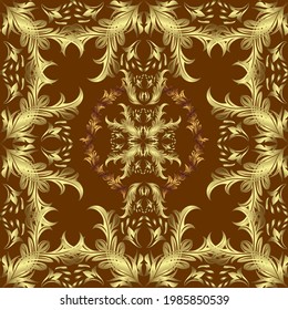 Elementos dorados de colores amarillos, neutros y marrones. Papel de escritorio barroco, damasco. Fondo vectorial impecable. Patrón floral. Patrón gráfico elegante.
