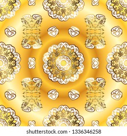 Golden elements on yellow and white colors. Traditional classic vector golden seamless pattern. Seamless oriental ornament in the style of baroque.