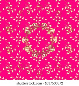 Golden elements in oriental style arabesques. Vector golden seamless pattern. Seamless golden textured curls. Seamless pattern on magenta, white and yellow colors.