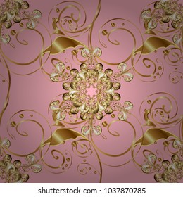 Golden elements in oriental style arabesques. Seamless golden textured curls. Seamless pattern on neutral, brown and beige colors. Vector golden seamless pattern.