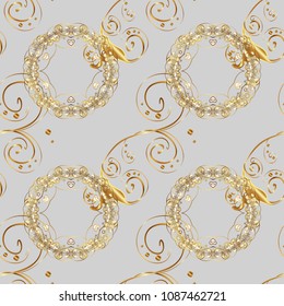 Golden elements in oriental style arabesques. Seamless golden textured curls. Vector golden seamless pattern. Seamless pattern on gray, beige and brown colors.