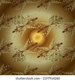 Golden elements in oriental style arabesques. Ornamental pattern on yellow, brown and beige colors. Vector golden ornamental pattern. Ornamental golden textured curls.