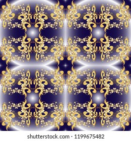 Golden elements in oriental style arabesques. Seamless pattern on black, gray and white colors. Vector golden seamless pattern. Seamless golden textured curls.